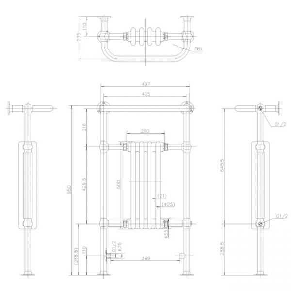 Burlington Bloomsbury Nickel Traditional Towel Radiator 500 x 950 R2NKL #2