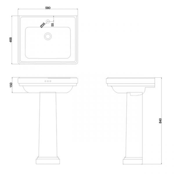 Burlington Riviera 580mm Square One Tap Hole Basin with Full Pedestal #2