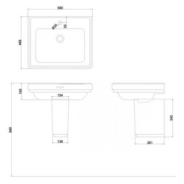 Burlington Riviera 580mm Square One Tap Hole Basin with Semi Pedestal #2
