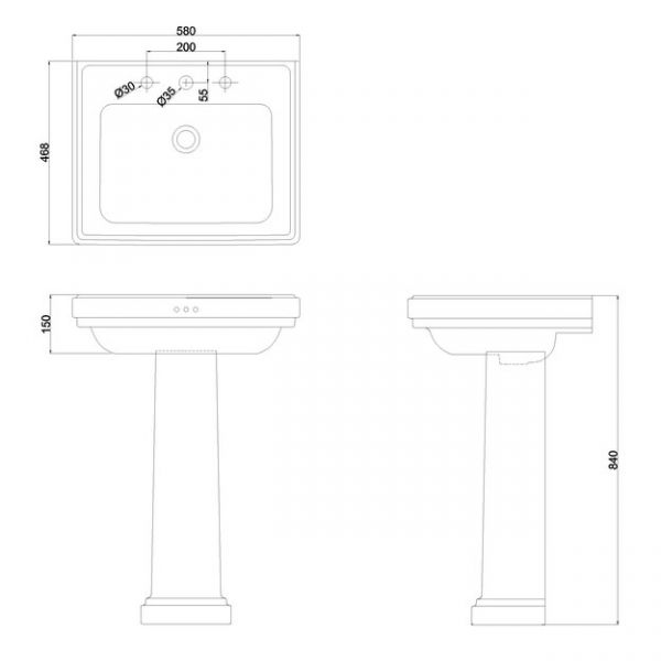 Burlington Riviera 580mm Square Three Tap Hole Basin with Full Pedestal #2