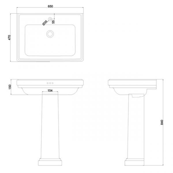 Burlington Riviera 650mm Square One Tap Hole Basin with Full Pedestal #2