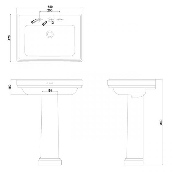 Burlington Riviera 650mm Square Three Tap Hole Basin with Full Pedestal #2
