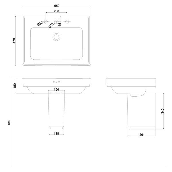 Burlington Riviera 650mm Square Three Tap Hole Basin with Semi Pedestal #2