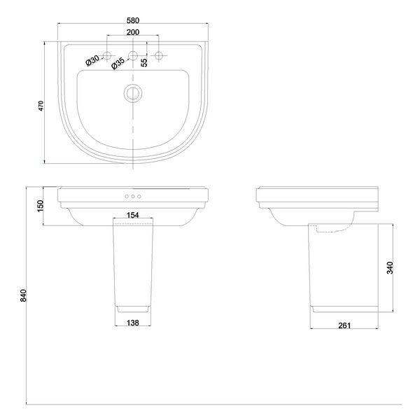 Burlington Riviera 580mm D Shaped Three Tap Hole Basin with Semi Pedestal #2