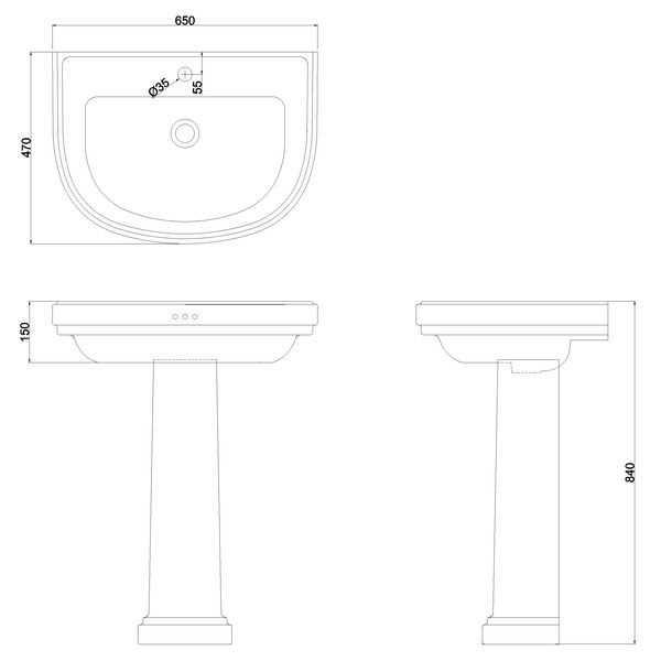 Burlington Riviera 650mm D Shaped One Tap Hole Basin with Full Pedestal #2