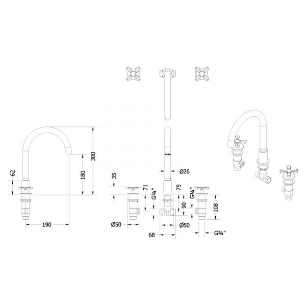 Burlington Riviera Chrome Deck Mounted 3 Hole Bath Filler Tap #2