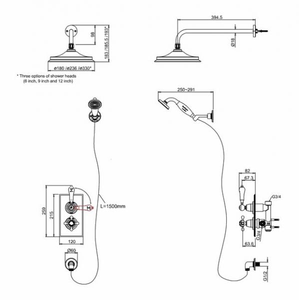 Burlington Trent Gold Thermostatic Dual Function Shower Valve with 9 inch Shower Head and Handset #2