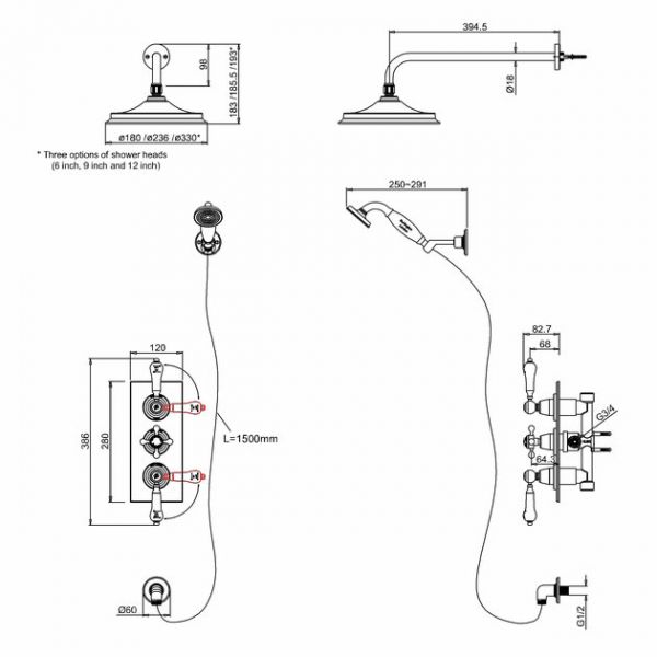 Burlington Trent Thermostatic Dual Function 3 Handle Shower Valve with 6 inch Shower Head and Handset #2
