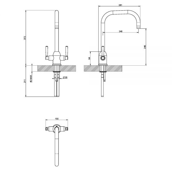 Clearwater Alzira U Twin Lever Brushed Nickel Monobloc Kitchen Sink Mixer Tap #3