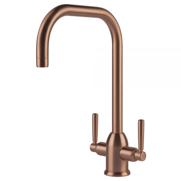 Clearwater Alzira U Twin Lever Brushed Copper Monobloc Kitchen Sink Mixer Tap
