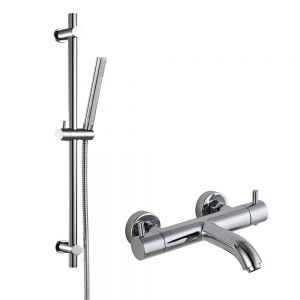 JTP Chrome Minimalist Slide Rail Kit with Handset and Thermostatic Wall Mounted Bath Shower Mixer