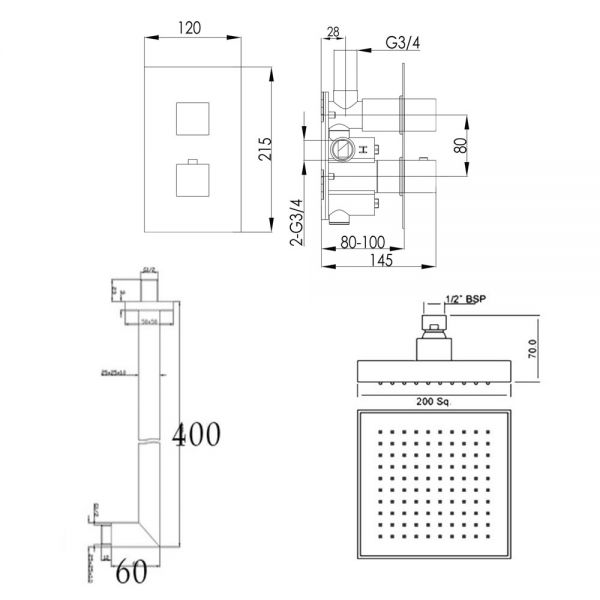 JTP Athena Chrome Square Thermostatic Single Outlet Shower Valve Kit #2
