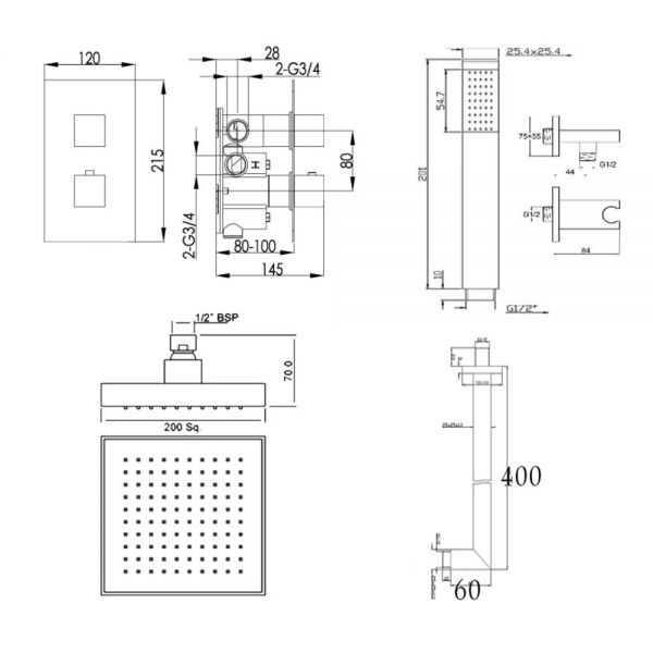 JTP Form Chrome Square Thermostatic Two Outlet Shower Kit #2