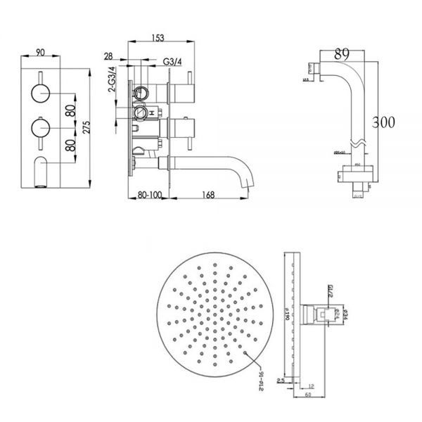 JTP Florence Chrome Thermostatic Two Outlet Bath Kit with Shower and Bath Spout #2