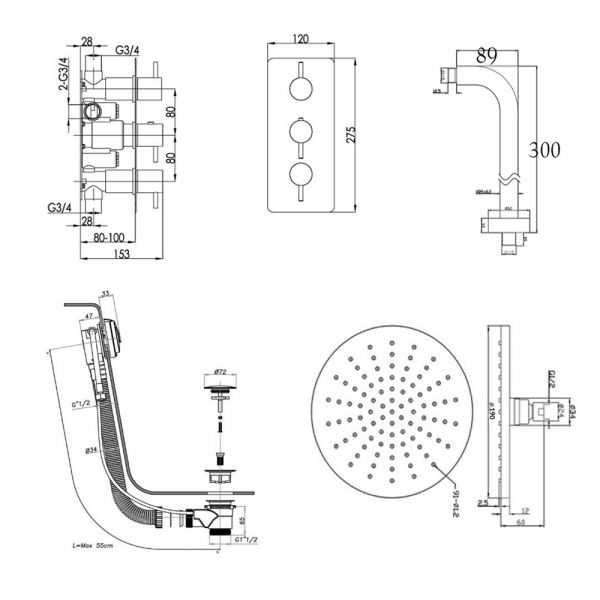 JTP Florence Chrome Thermostatic Two Outlet Three Handle Kit with Shower and Bath Filler #2