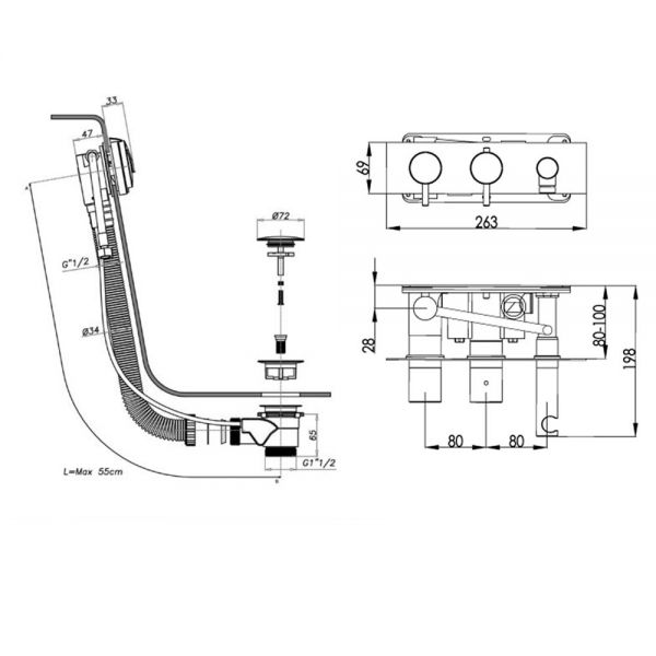 JTP Florence Chrome Thermostatic Two Outlet Bath Kit with Handset and Bath Filler #2