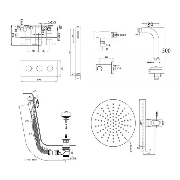 JTP Florence Chrome Thermostatic Three Outlet Shower Kit #2