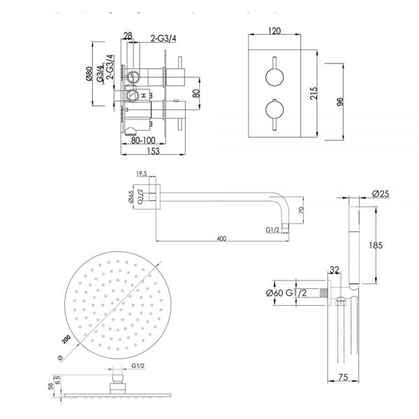 JTP VOS Matt Black Thermostatic Two Outlet Shower Kit #2