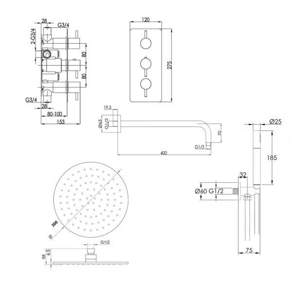 JTP VOS Brushed Bronze Thermostatic Two Outlet Shower Kit with 3 Handle Valve #2