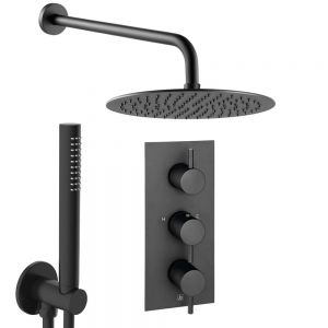 JTP VOS Matt Black Thermostatic Two Outlet Shower Kit with 3 Handle Valve