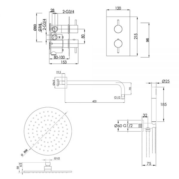JTP VOS Brushed Brass Thermostatic Two Outlet Shower Kit #2