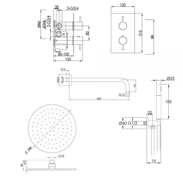 JTP VOS Brushed Black Thermostatic Two Outlet Shower Kit #2
