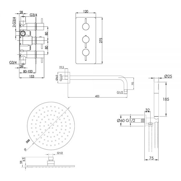 JTP VOS Brushed Black Thermostatic Two Outlet Shower Kit with 3 Handle Valve #2