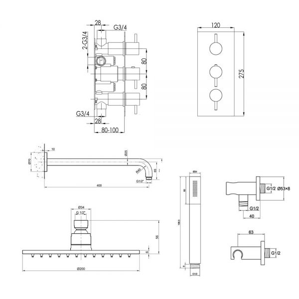 JTP Inox Stainless Steel Thermostatic Two Outlet Shower Kit with 3 Handle Valve #2