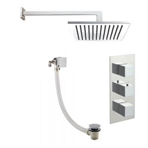 JTP Athena Chrome Square Thermostatic Two Outlet Three Handle Kit with Shower and Bath Filler