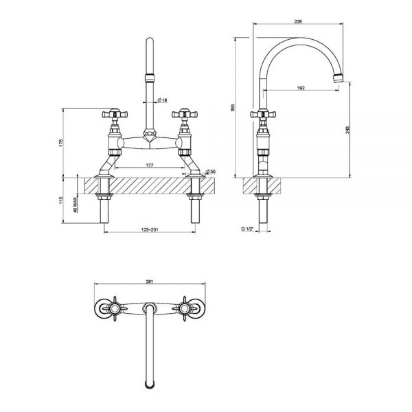 Clearwater Cottage Bridge Twin Lever Antique Bronze Kitchen Sink Mixer Tap #2