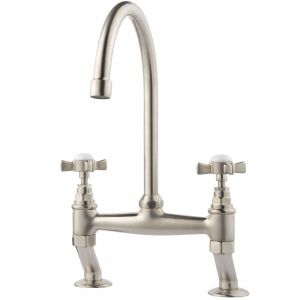 Clearwater Cottage Bridge Twin Lever Brushed Nickel Kitchen Sink Mixer Tap