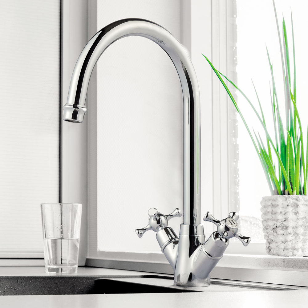 Clearwater Cottage Twin Lever Chrome Monobloc Kitchen Sink Mixer Tap - COTC