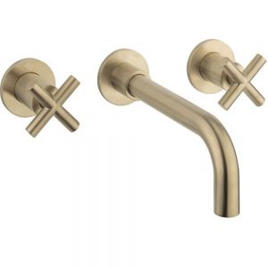 Crosswater MPRO Brushed Brass 3 Hole Wall Mounted Basin Mixer Tap with Crosshead Handles