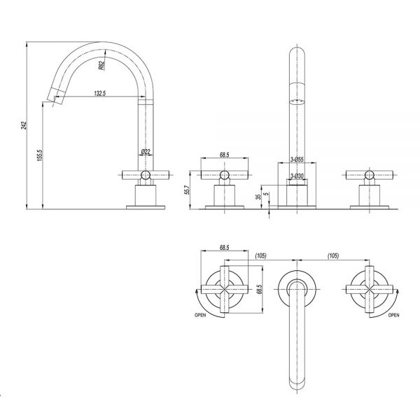 Crosswater MPRO Brushed Brass Deck Mounted 3 Hole Basin Mixer Tap with Crosshead Handles #2
