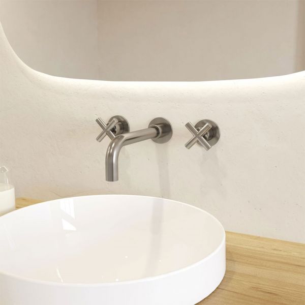 Crosswater MPRO Brushed Stainless Steel Effect 3 Hole Wall Mounted Basin Mixer Tap with Crosshead Handles #2