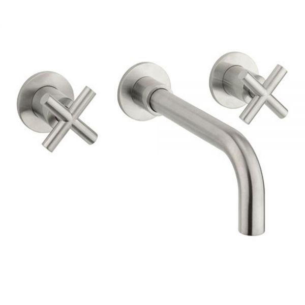 Crosswater MPRO Brushed Stainless Steel Effect 3 Hole Wall Mounted Basin Mixer Tap with Crosshead Handles