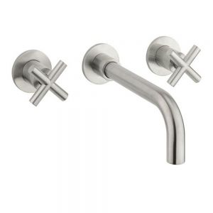 Crosswater MPRO Brushed Stainless Steel Effect 3 Hole Wall Mounted Basin Mixer Tap with Crosshead Handles