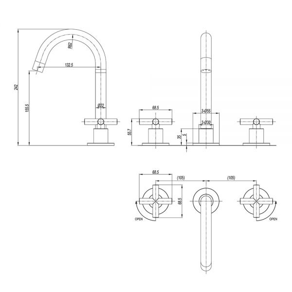 Crosswater MPRO Brushed Stainless Steel Effect Deck Mounted 3 Hole Basin Mixer Tap with Crosshead Handles #2