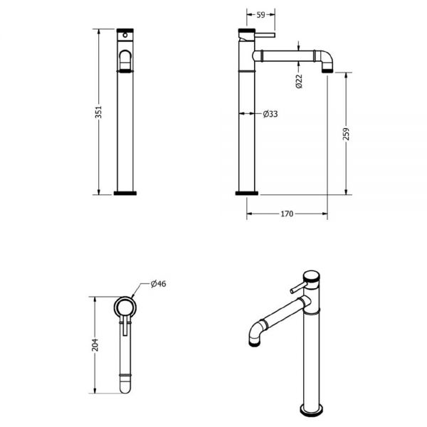 Crosswater MPRO Industrial Unlacquered Brushed Brass Tall Basin Mixer Tap #3
