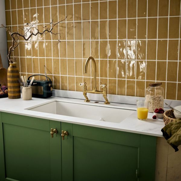 Clearwater Delphini Bridge Twin Lever Artisan Brass Kitchen Sink Mixer Tap #3