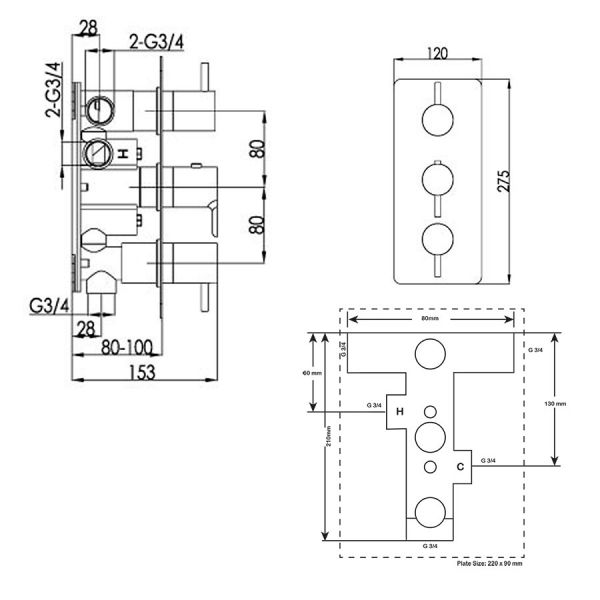 JTP Florence Chrome Vertical Three Outlet Thermostatic Shower Valve with Designer Handles #2