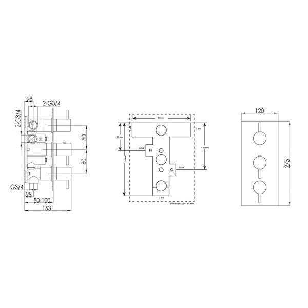 JTP Florence Chrome Horizontal Three Outlet Thermostatic Shower Valve with Designer Handles #2