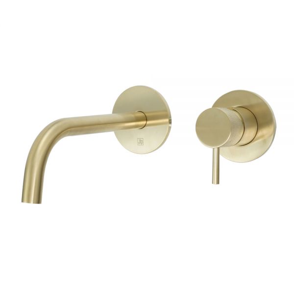 JTP VOS Brushed Brass Wall Mounted Slim Spout Basin Mixer Tap 250mm with Designer Handle