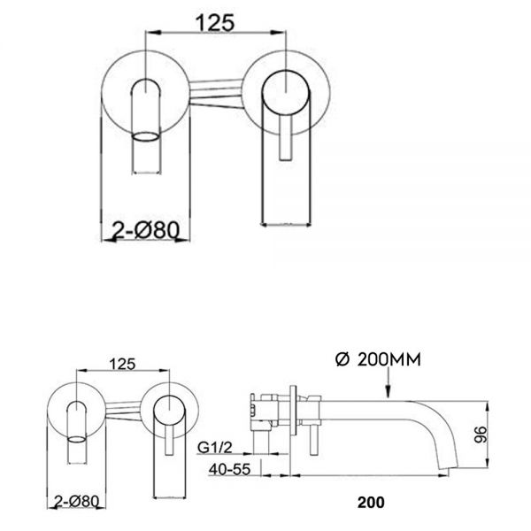 JTP VOS Brushed Brass Wall Mounted Slim Spout Basin Mixer Tap 200mm with Designer Handle #2