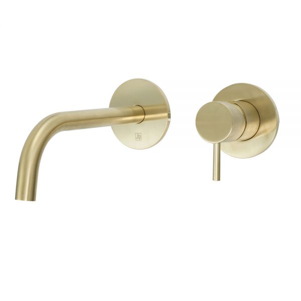 JTP VOS Brushed Brass Wall Mounted Slim Spout Basin Mixer Tap 200mm with Designer Handle