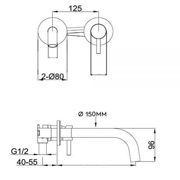 JTP VOS Brushed Brass Wall Mounted Slim Spout Basin Mixer Tap 150mm with Designer Handle #2