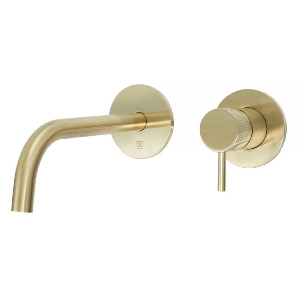 JTP VOS Brushed Brass Wall Mounted Slim Spout Basin Mixer Tap 150mm with Designer Handle