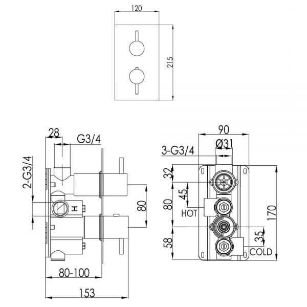 JTP VOS Brushed Brass Single Outlet Thermostatic Shower Valve with Designer Handle #2
