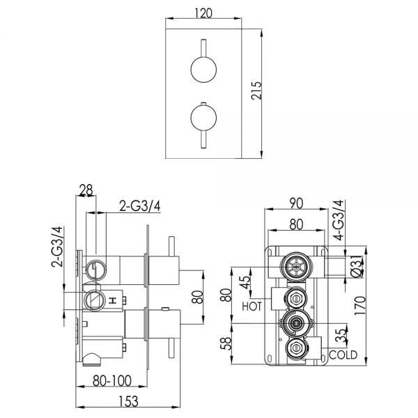 JTP VOS Brushed Brass Two Outlet Thermostatic Shower Valve with Designer Handle #2