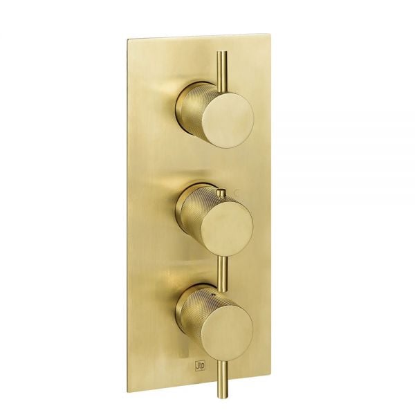 JTP VOS Brushed Brass Vertical Two Outlet Three Handle Thermostatic Shower Valve with Designer Handle